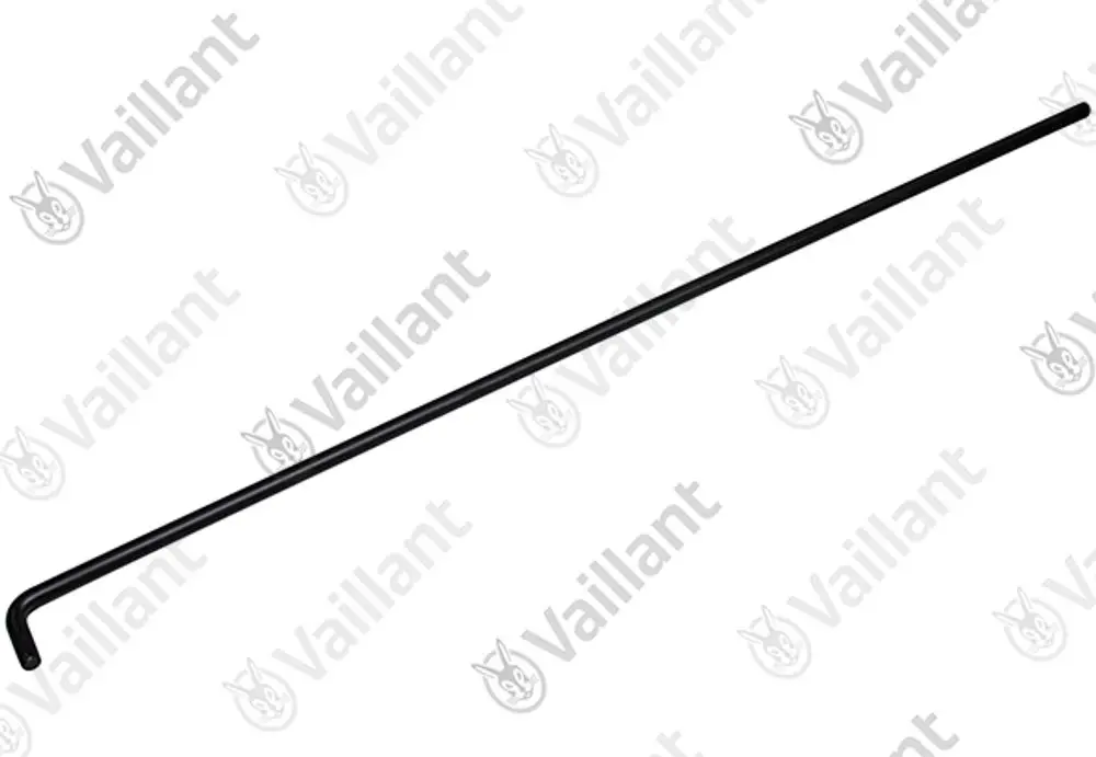Schwarzer, L-förmiger Halter von Vaillant, geeignet für verschiedene Anwendungen. Klarer, gerader Stahl mit einer gebogenen Endung für Montagezwecke.